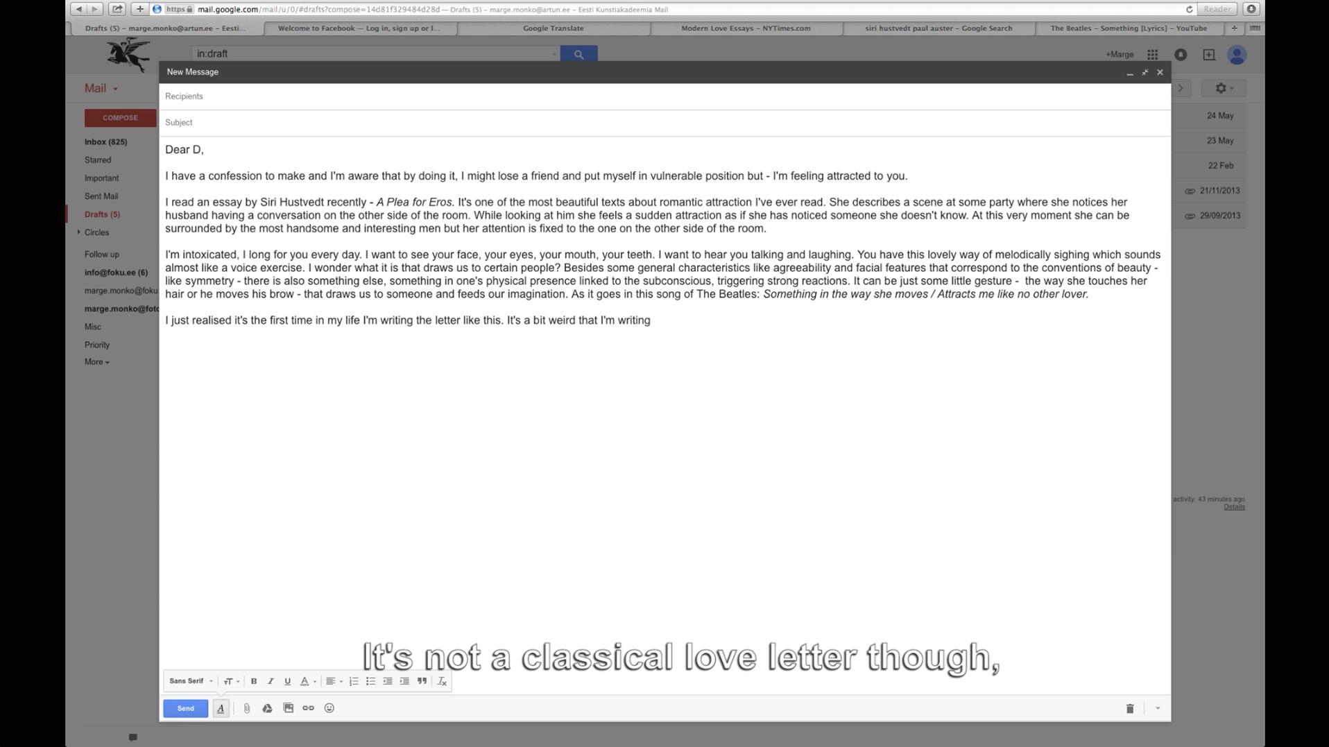 Dear D, 2015 Screencap video with voice over, 8 min 10 sec 15 Dear D classical love letter Marge Monko
